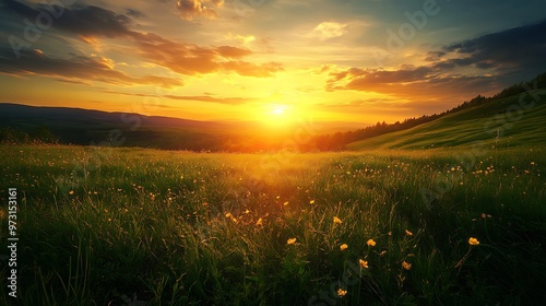 Golden sunset over rolling hills and green meadow with wildflowers.