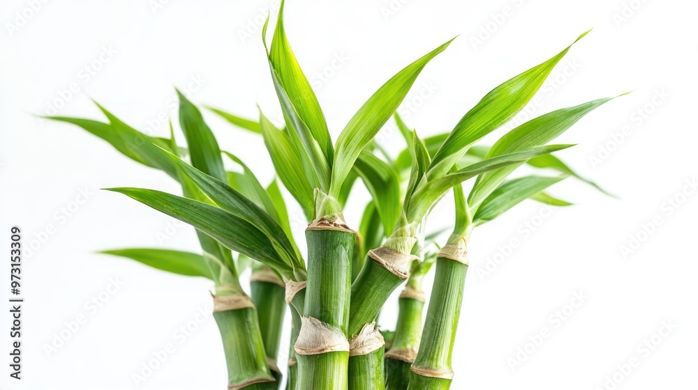 A cluster of vibrant green bamboo shoots with lush leaves against a white background. A cluster of vibrant green bamboo shoots with lush leaves against a white background.