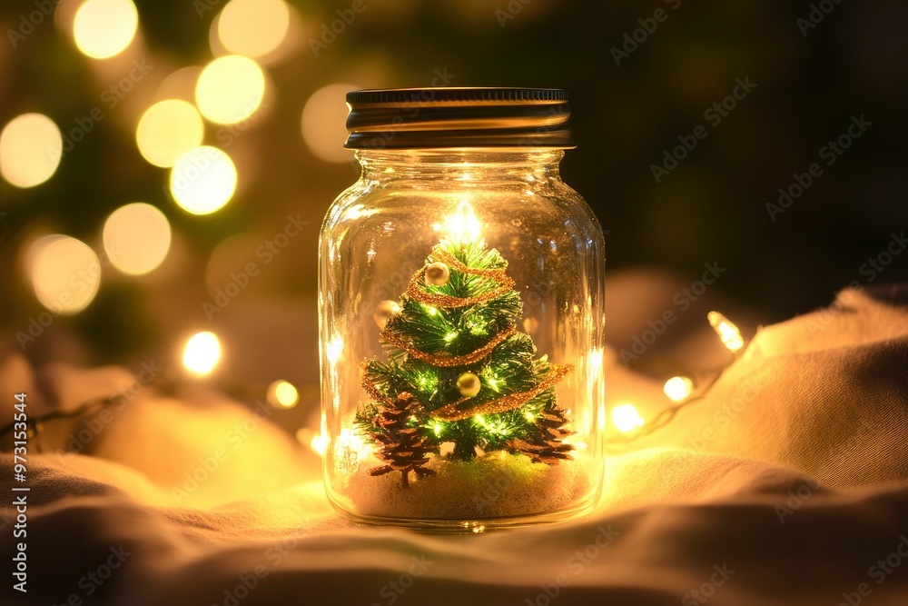 Fairy Light With Christmas Tree Inside Mini Glass Jar Ornament - Christmas with generative ai Fairy Light With Christmas Tree Inside Mini Glass Jar Ornament - Christmas with generative ai
