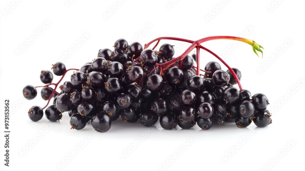 A cluster of fresh black elderberries on a white background. A cluster of fresh black elderberries on a white background.