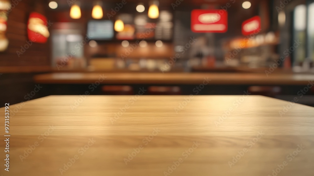A blurred view of a wooden table in a restaurant setting with soft lighting and decor. A blurred view of a wooden table in a restaurant setting with soft lighting and decor.
