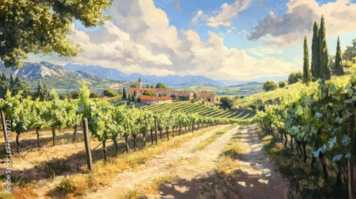 Scenic Vineyard Landscape Under a Blue Sky