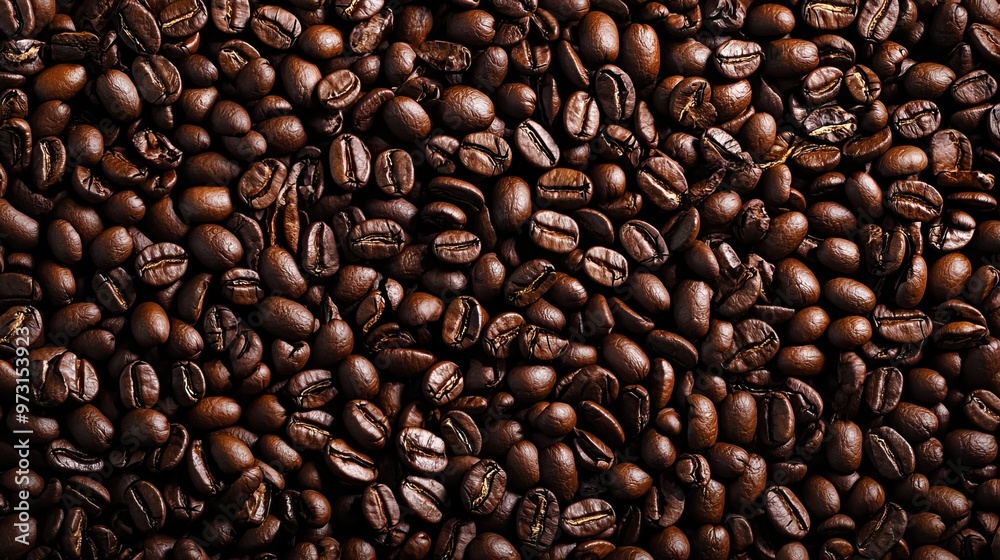 Naklejka premium Close-up of roasted coffee beans, perfect for food and beverage backgrounds.