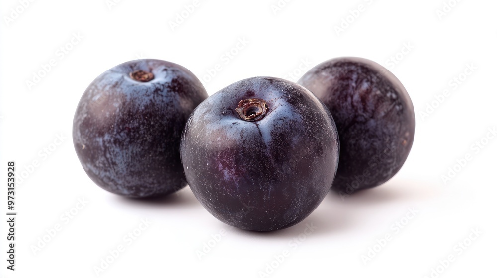 Three dark purple plums arranged on a white background. Three dark purple plums arranged on a white background.