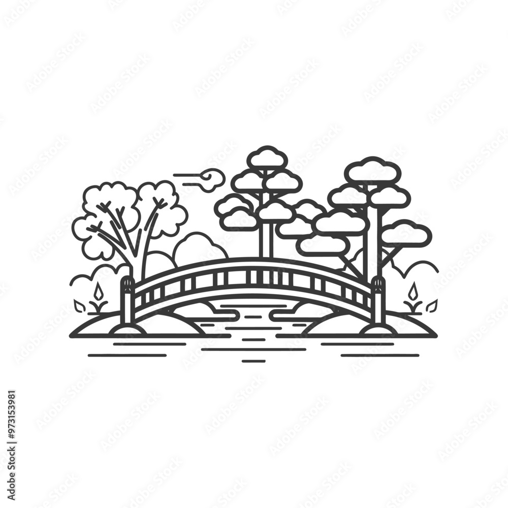 Fototapeta premium A Simple Line Drawing of a Bridge Over a Stream With Trees