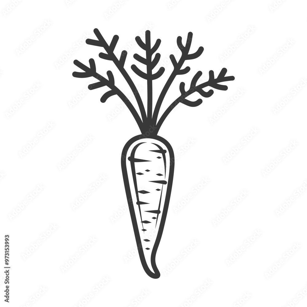 A Simple Line Drawing of a Carrot with Green Tops A Simple Line Drawing of a Carrot with Green Tops