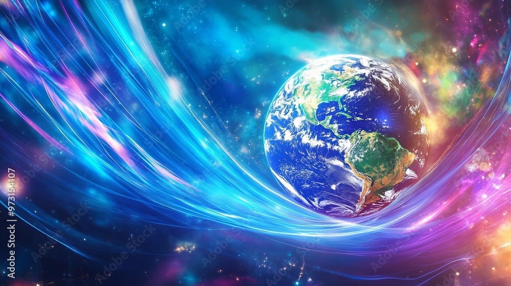 A colorful picture of Earth with blue and purple lines swirling around it. A colorful picture of Earth with blue and purple lines swirling around it.