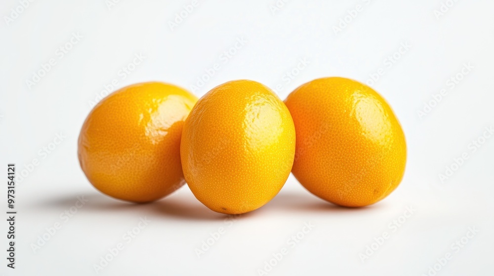 Three shiny yellow lemons arranged closely on a white surface. Three shiny yellow lemons arranged closely on a white surface.