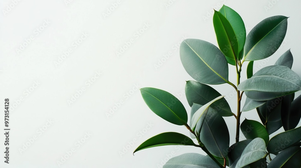 Close-up photograph of a large green rubber plant against a white background, with a minimalistic, simple composition, 8K, Ultra-realistic. Close-up photograph of a large green rubber plant against a white background, with a minimalistic, simple composition, 8K, Ultra-realistic.