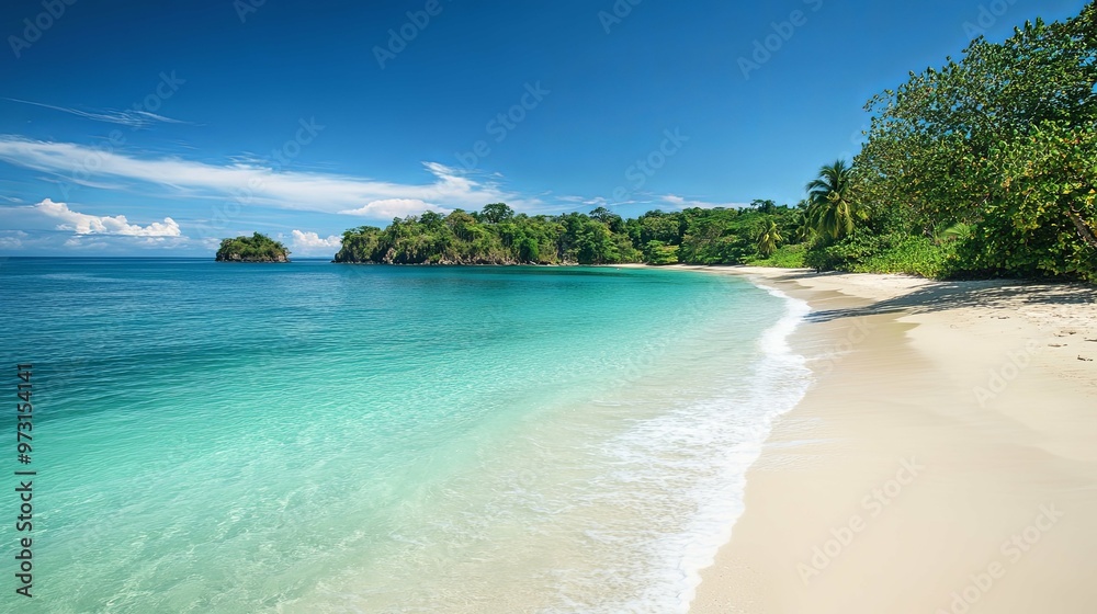 Tropical Beach with Crystal Clear Water and Lush Green Foliage Tropical Beach with Crystal Clear Water and Lush Green Foliage