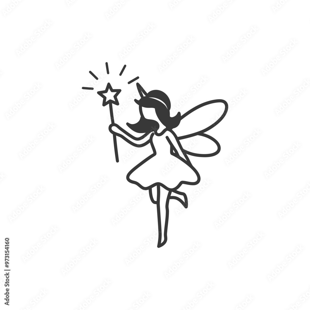 A Simple Line Drawing of a Fairy with Wings and a Magic Wand A Simple Line Drawing of a Fairy with Wings and a Magic Wand