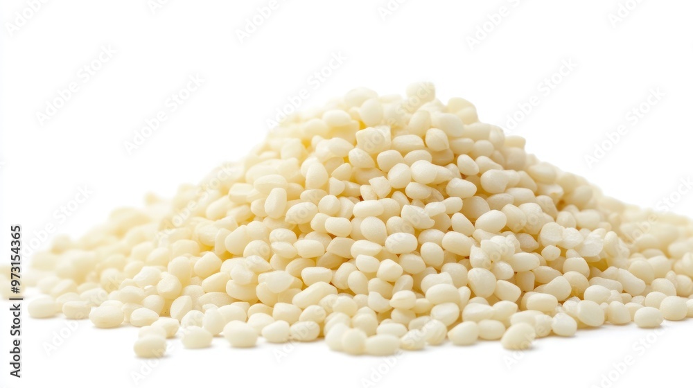 A pile of small, white beads resembling granules or seeds. A pile of small, white beads resembling granules or seeds.