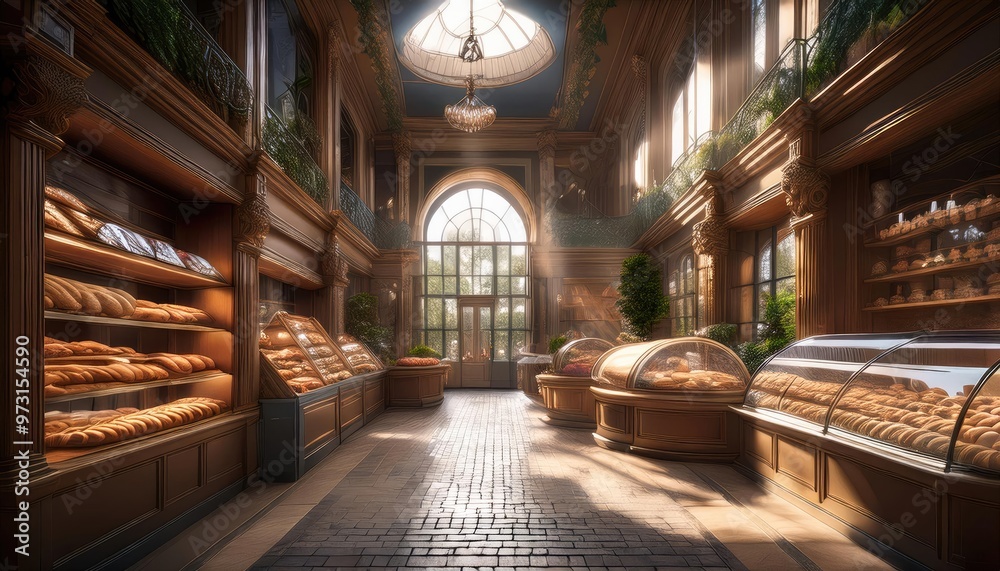 charming bakery interior. The space features a large display case filled with various types of bread and pastries, showcasing an inviting assortment. The warm wooden tones of the furniture and display charming bakery interior. The space features a large display case filled with various types of bread and pastries, showcasing an inviting assortment. The warm wooden tones of the furniture and display