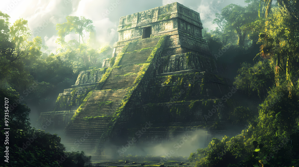 Fototapeta premium CartMystical printable mural of an ancient mayan temple shrouded in mist perfect for embellishing the wall of a historical museum transporting visitors to a bygone era. Mayan Temple. Illustration