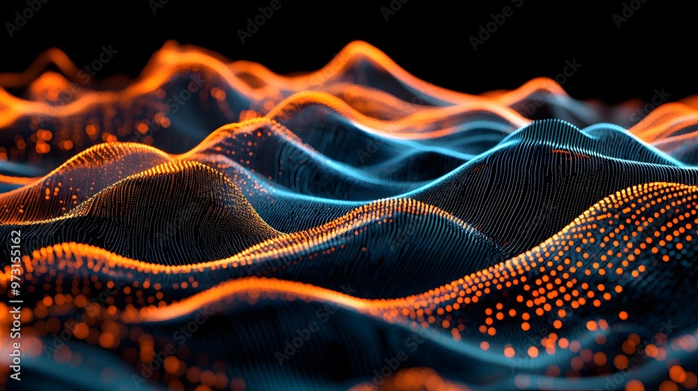 A dark background with orange and blue waves of data flowing across it, creating an abstract digital landscape A dark background with orange and blue waves of data flowing across it, creating an abstract digital landscape