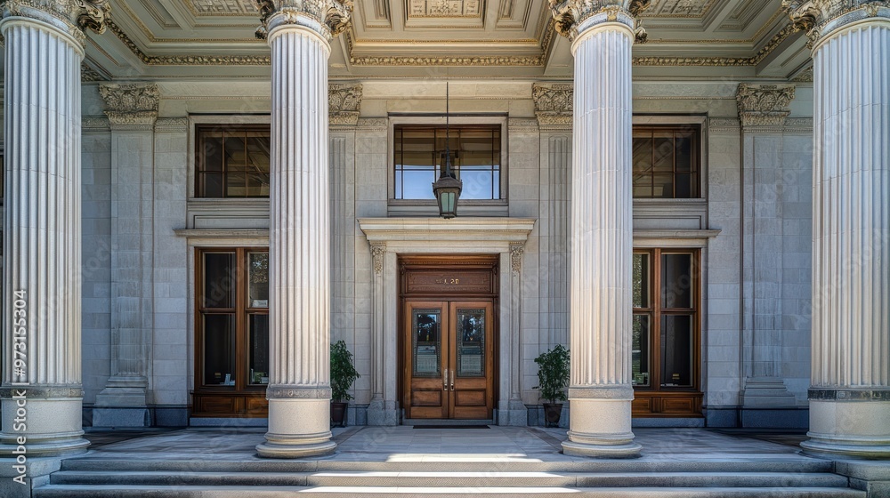 Fototapeta premium Elegant entrance with tall columns and wooden doors, showcasing classical architecture.