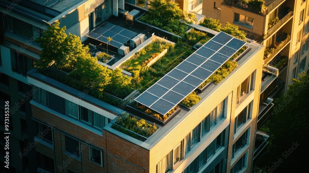 A modern building with a green rooftop featuring solar panels and lush vegetation. A modern building with a green rooftop featuring solar panels and lush vegetation.