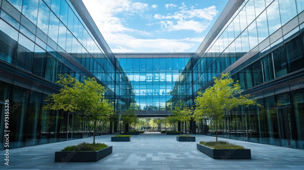Modern glass buildings with greenery in a tranquil urban setting. Modern glass buildings with greenery in a tranquil urban setting.