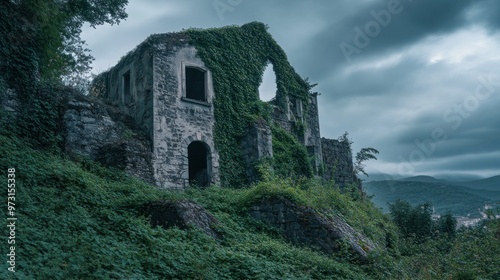 Wallpaper Mural A dilapidated stone structure overgrown with ivy, set against a moody sky. Torontodigital.ca