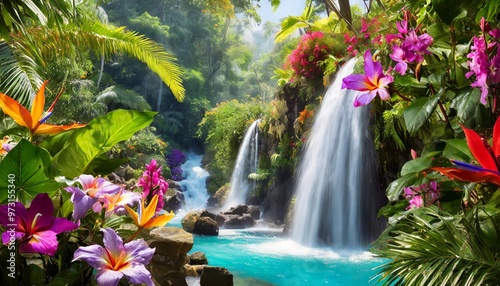 Majestic Waterfall Surrounded by Lush Tropical Foliage and Exotic Flowers