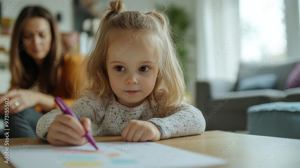 Young Girl Engaged in Drawing Activity at Home Young Girl Engaged in Drawing Activity at Home