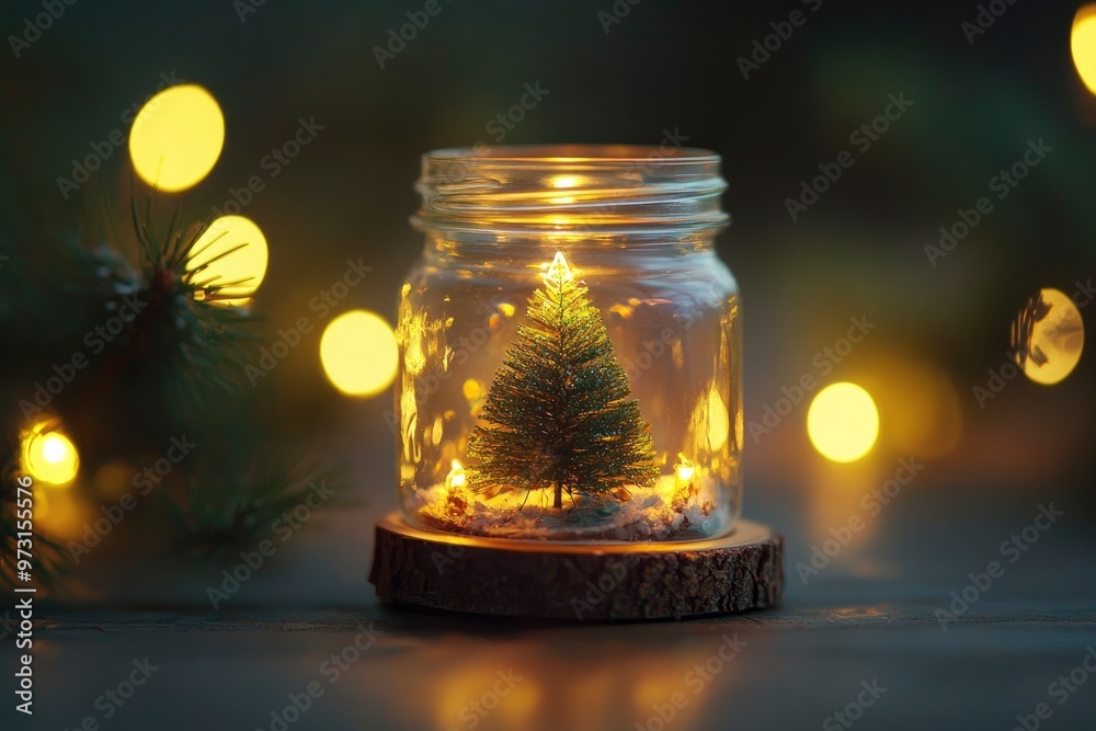Fairy Light With Christmas Tree Inside Mini Glass Jar Ornament - Christmas with generative ai