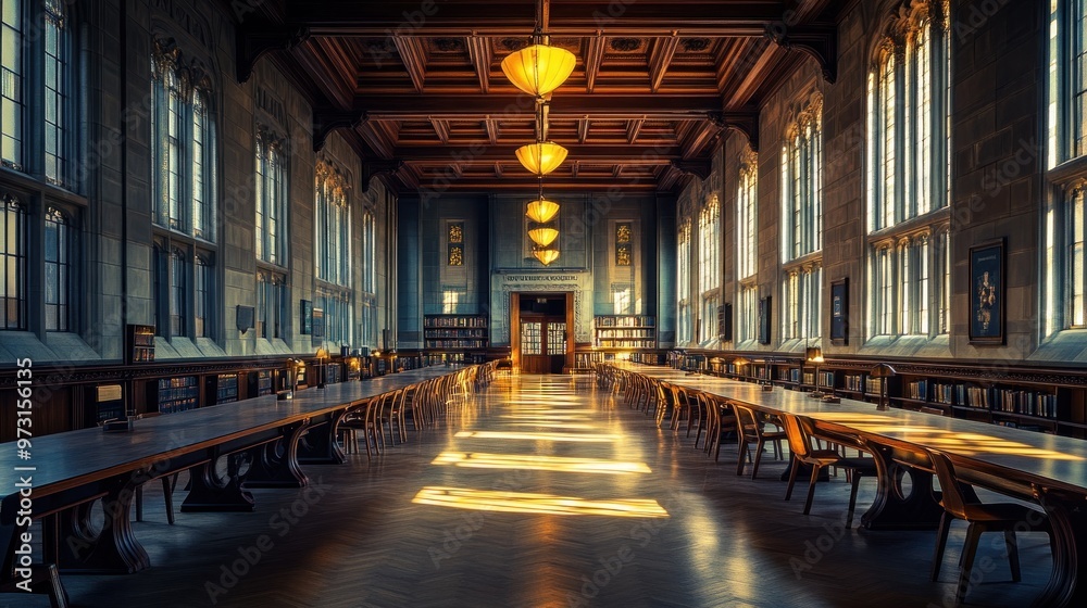 Fototapeta premium A spacious library with wooden tables, large windows, and warm lighting for study and reading.