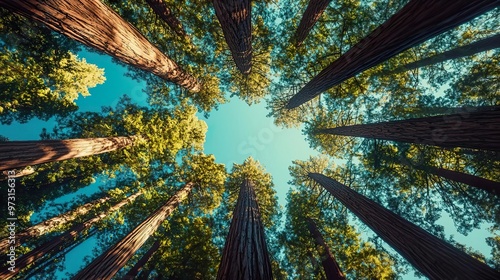 Looking up at towering redwood trees in a lush forest, with a clear blue sky above. photo