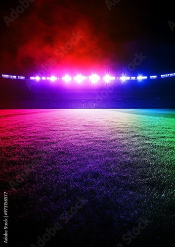 Stunning nighttime football stadium with colorful lights and soft color grading, perfect for event posters, sports banners, or fan invitations. photo