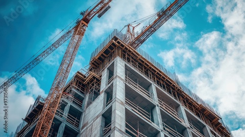 Construction site with a crane and unfinished building against a blue sky.