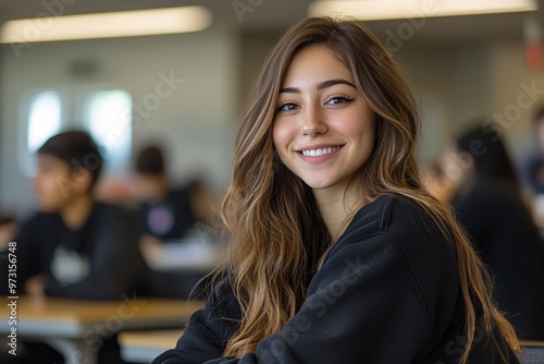 A student with long brown hair relaxes in class, smiling while seated at a wooden desk during a lesson in a lively classroom