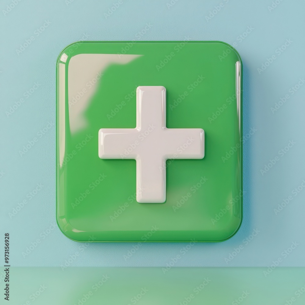 Fototapeta premium A glossy green plus sign icon on a soft blue background, symbolizing addition, health, or positive action.