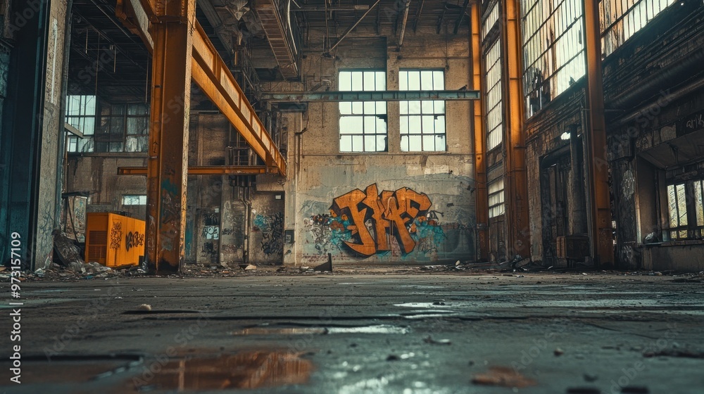 An abandoned industrial space featuring graffiti and debris on the floor. An abandoned industrial space featuring graffiti and debris on the floor.