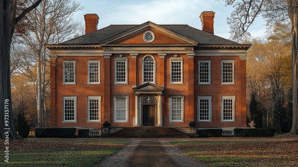 A stately brick mansion with classical architecture set amidst trees and a gravel path. A stately brick mansion with classical architecture set amidst trees and a gravel path.