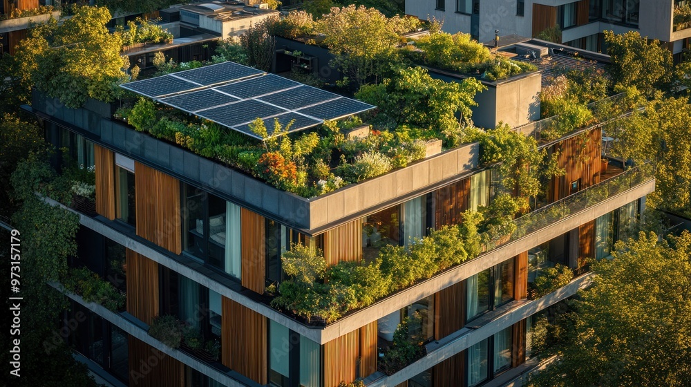 A modern building with a green rooftop garden and solar panels, promoting sustainability. A modern building with a green rooftop garden and solar panels, promoting sustainability.