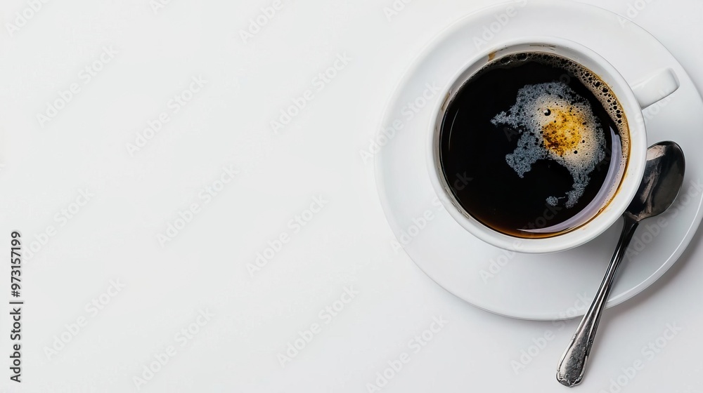 Top view of a cup of black coffee on a white background. Top view of a cup of black coffee on a white background.