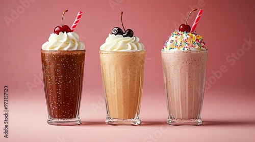 Three classic milkshakes with whipped cream and cherries.