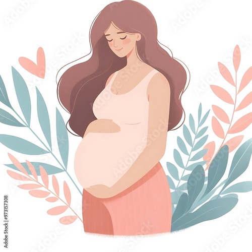 A flat-style illustration of a pregnant woman standing gracefully, surrounded by soft leaves. Ideal for maternity, wellness, and nature-themed designs. Simple, elegant, and calming composition.