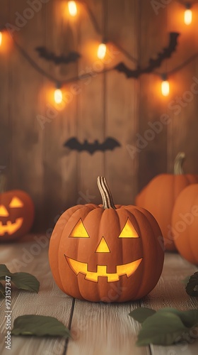 Spooky festive pumpkin with a carved face glowing indoors surrounded by fall decorations and Halloween lights.