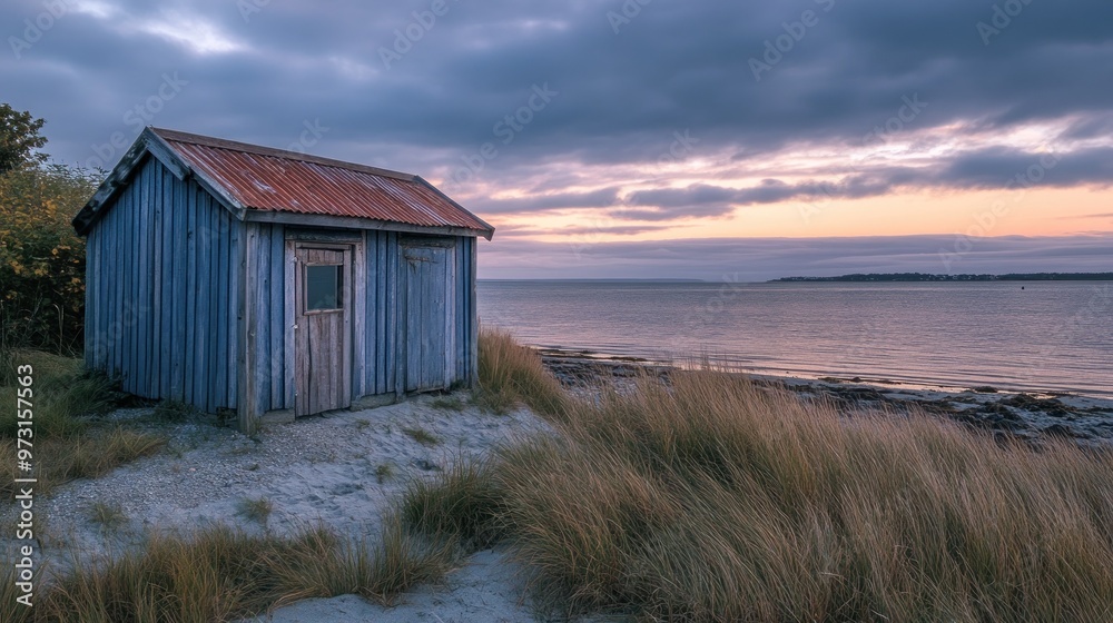 A rustic blue shed by the water at sunset, surrounded by tall grasses. A rustic blue shed by the water at sunset, surrounded by tall grasses.