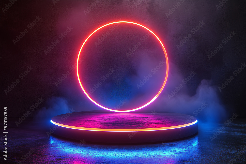 A vibrant neon blue and pink podium illuminated on a foggy stage platform at night A vibrant neon blue and pink podium illuminated on a foggy stage platform at night