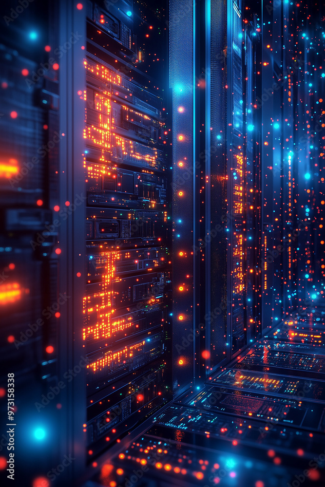 A computer server room with a blue and orange glow. The room is filled with computer servers and wires A computer server room with a blue and orange glow. The room is filled with computer servers and wires