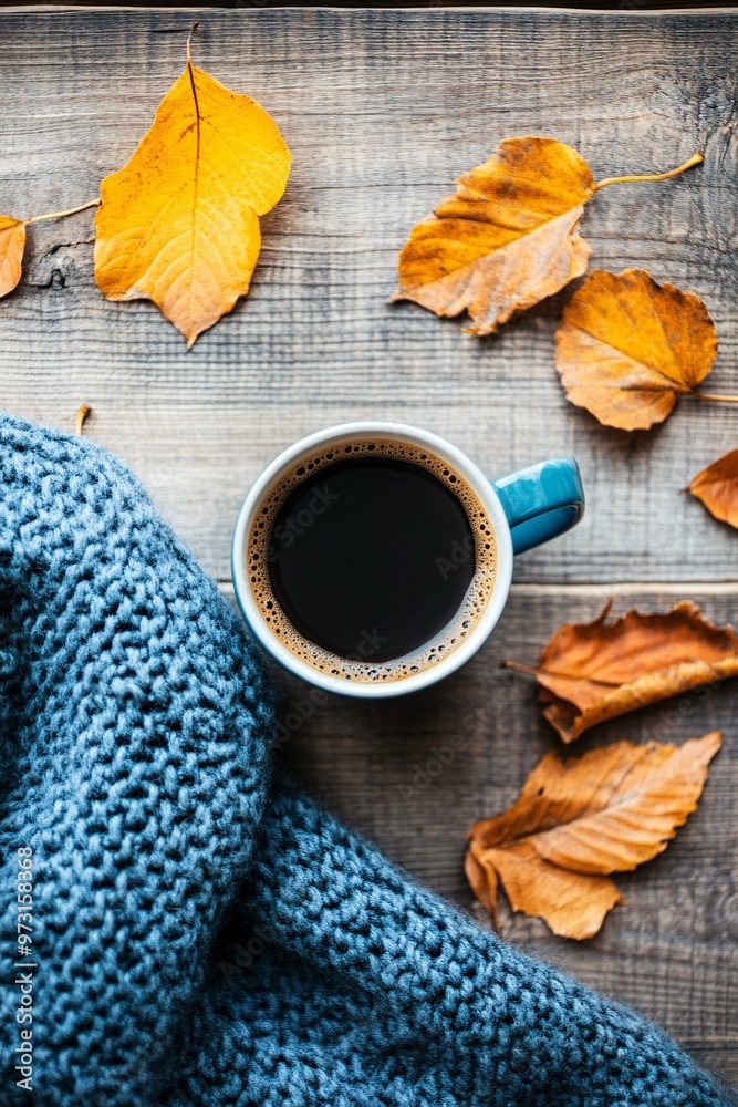 cozy coffee cup with autumn leaves and knitted blanket cozy coffee cup with autumn leaves and knitted blanket