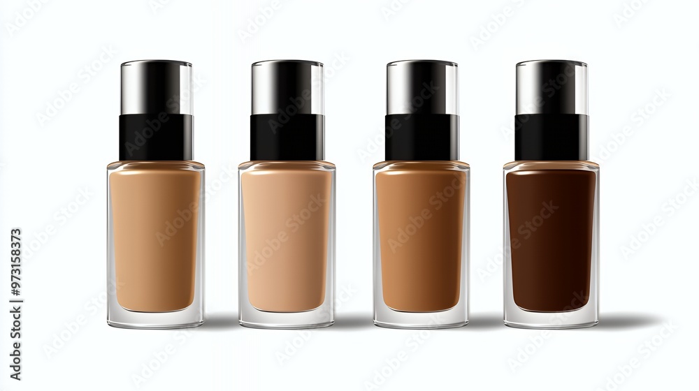 Four bottles of foundation with different shades of beige and brown. Four bottles of foundation with different shades of beige and brown.
