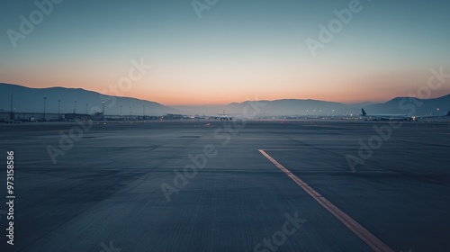 Early morning at the airport with a tranquil sky and distant mountains, hinting at a busy day ahead