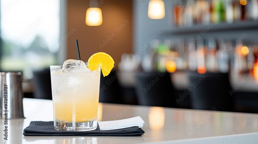 Refreshing cocktail with orange garnish on bar counter