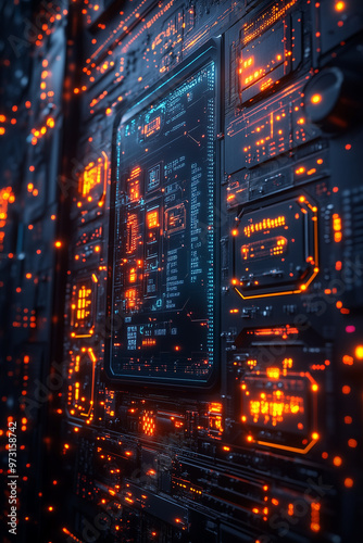 Futuristic computer circuit board with glowing orange lights