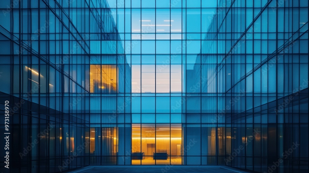 Fototapeta premium A modern glass structure reflecting light, creating a serene architectural space.