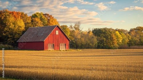 A serene rural landscape featuring a red barn surrounded by autumn foliage and golden fields.