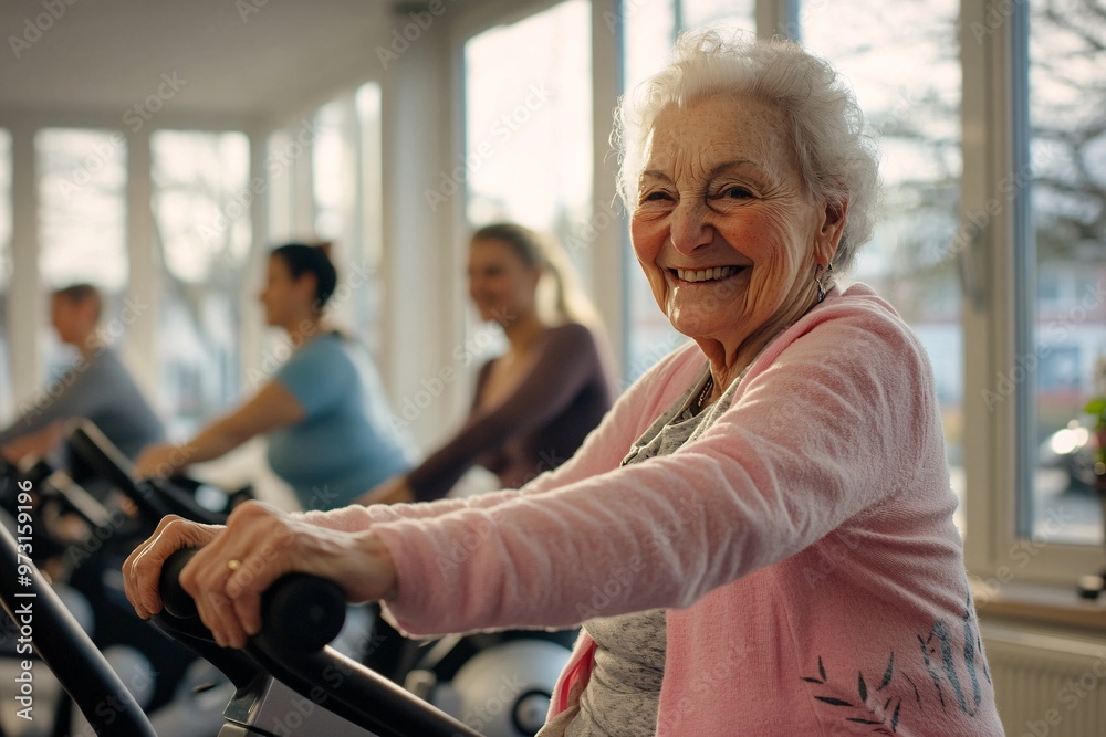 Obraz premium Active seniors enjoying a group workout session at a fitness center in the afternoon sun